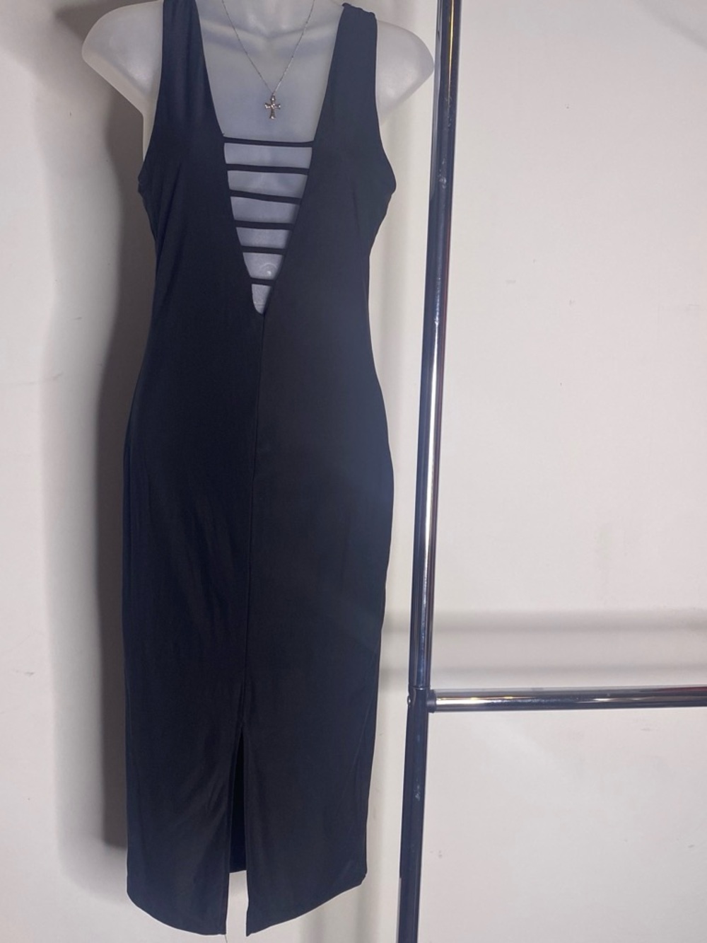 Made in USA Strappy Plunge Black Midi Dress - Women's Sleek Evening Dress